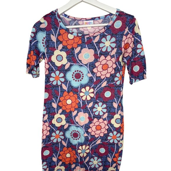 LuLaRoe XXS Blue Floral Stretch Midi Dress Short Sleeve Casual - Picture 3 of 8